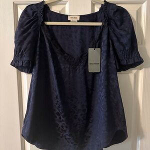 Zadig & Voltaire Midnight Blue Blouse with Lace Trim NWT